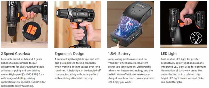 TACKLIFE PCD06B 20V MAX Cordless Drill - Driver 2 Speeds 3-8 inch